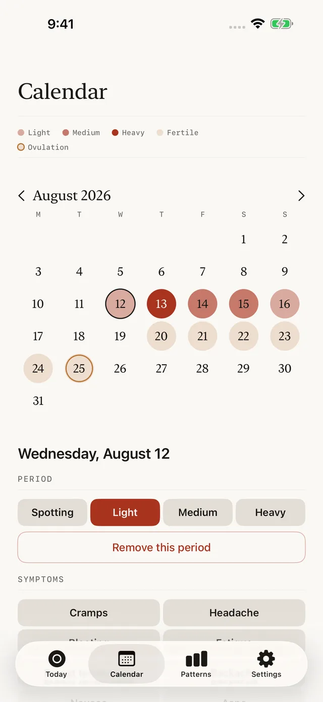 Indica Cycle calendar month view with period and fertile days marked.