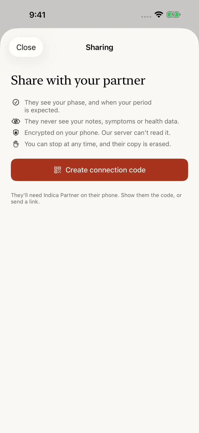 Indica Cycle sharing screen explaining the connection, with a Create connection code button.